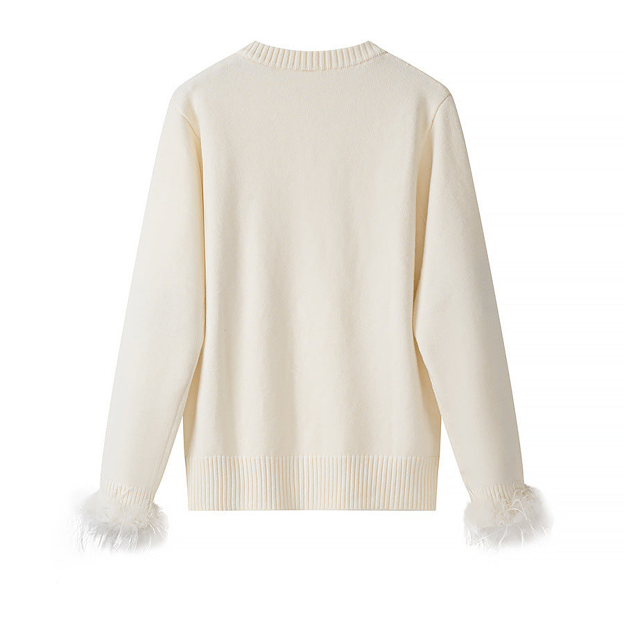 Damen Strickcardigan mit Perlenknopfleiste und Federbesatz Echo Archiv