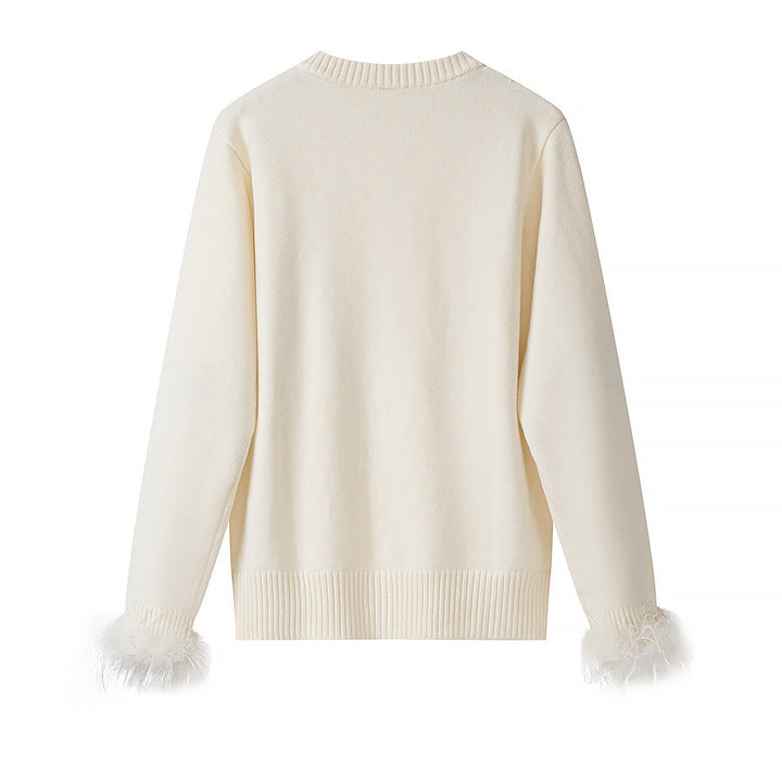 Damen Strickcardigan mit Perlenknopfleiste und Federbesatz Echo Archiv