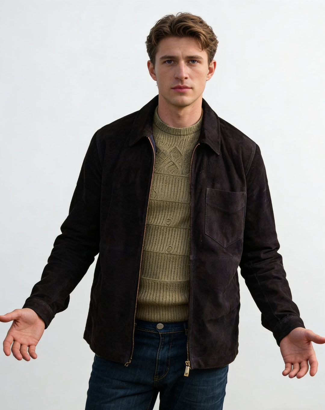 Herren Velourslederjacke mit Reißverschluss und Hemdkragen Echoarchiv