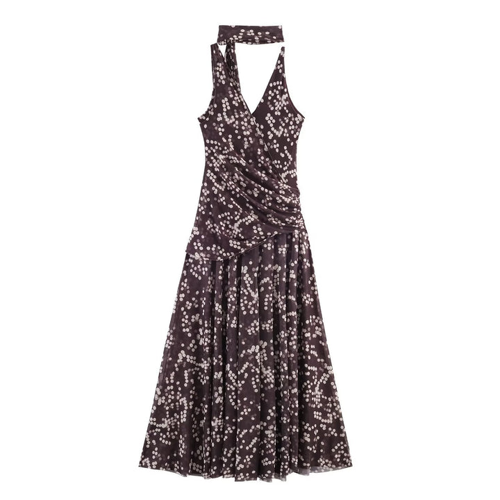 Damen Maxikleid mit floralem Rüschenversatz und elegantem V-Ausschnitt Echo Archiv