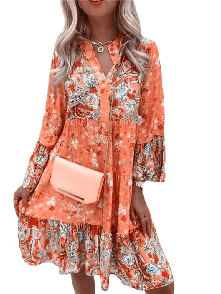 Damen nan florales Boho-Kleid mit V-Ausschnitt und Stufenrock Echo Archiv