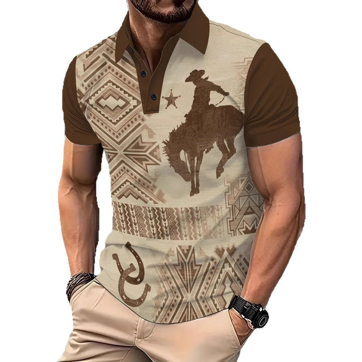 Herren Poloshirt mit künstlerischem Cowboy-Motiv und einzigartigem geometrischen Design Echoarchiv