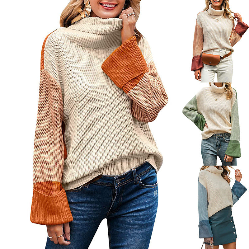 Damen nan lockerer Rollkragenpullover mit Colourblock-Ärmeln und weitem Trompetenärmel Echo Archiv