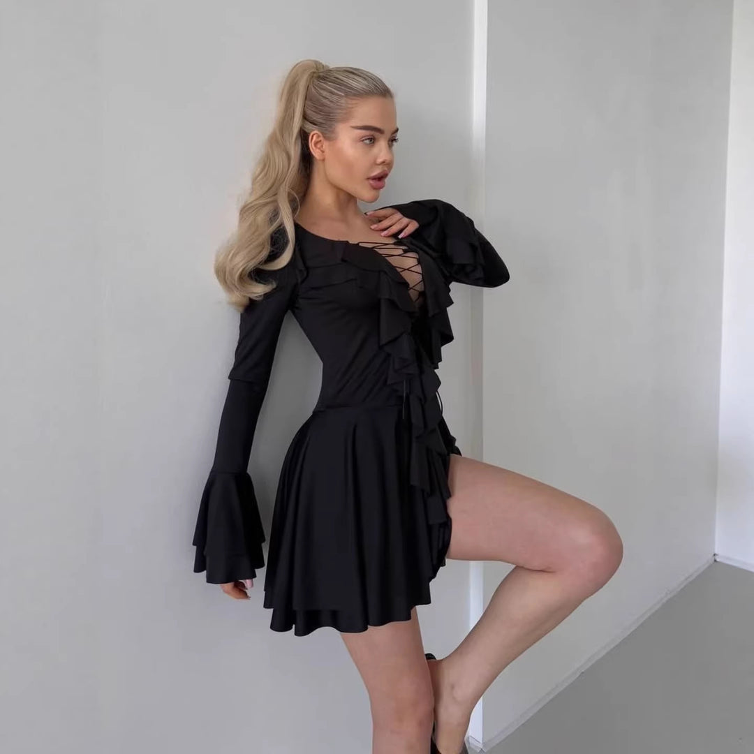 Damen Rüschiges Skaterkleid mit Volants, ausgestelltem Rock und Glockenärmeln Echoarchiv