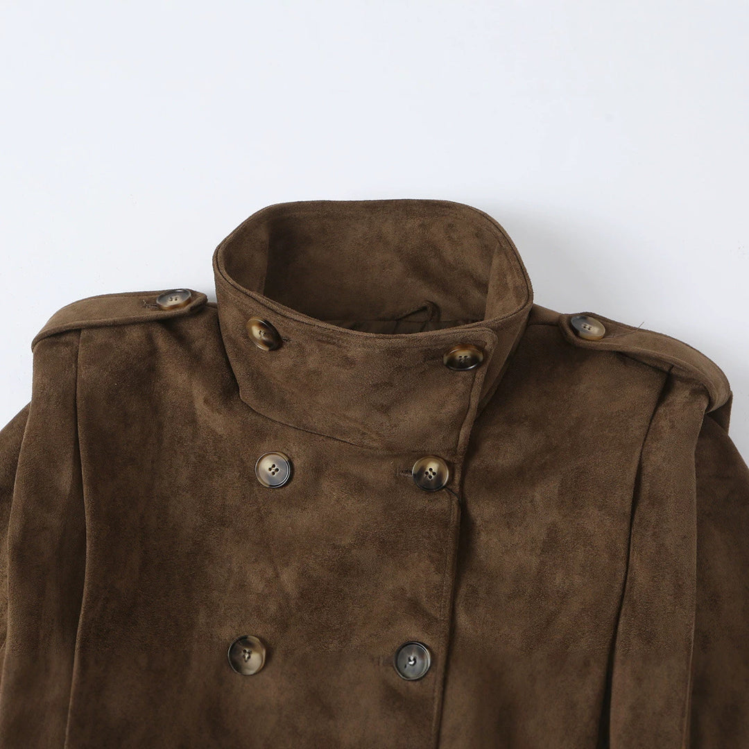 Damen Kurze Doppelreihige Velourslederjacke mit Stehkragen und Epauletten Echoarchiv