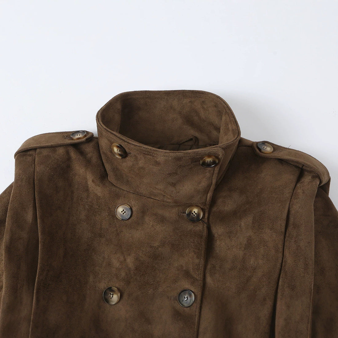 Damen Kurze Doppelreihige Velourslederjacke mit Stehkragen und Epauletten Echoarchiv