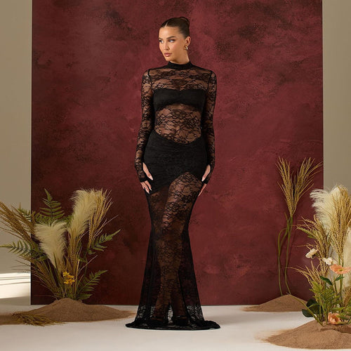 Damen Spitzenmaxikleid mit transparentem Langarmdesign und figurformendem Schnitt Echo Archiv
