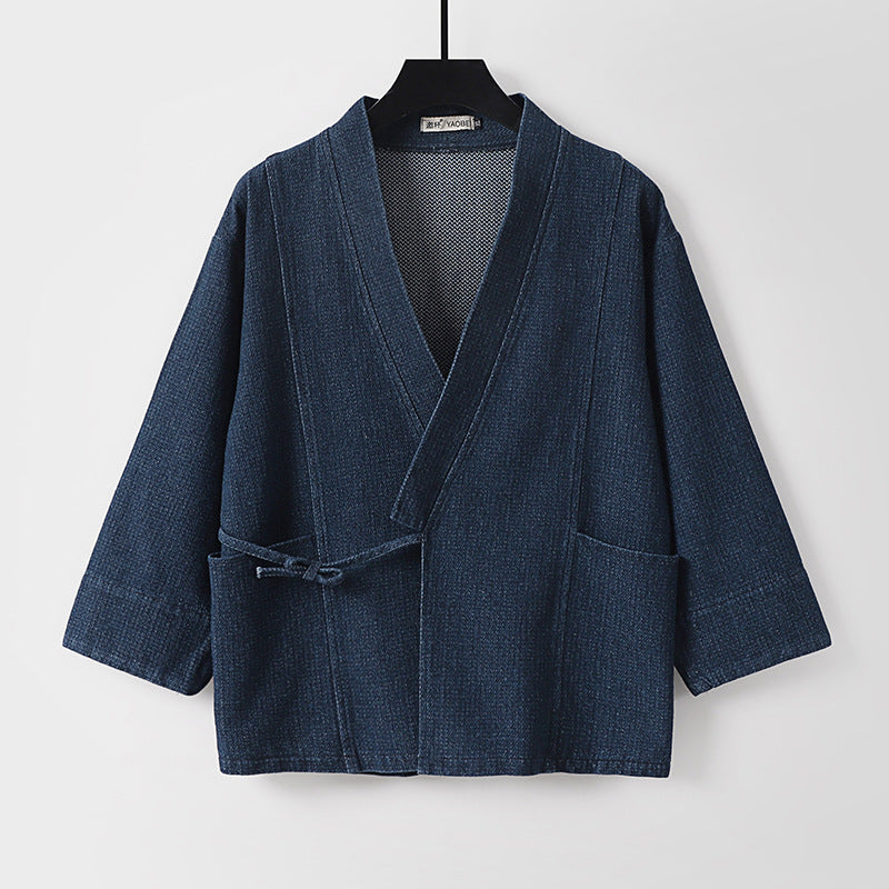 Unisex Jeans-Kimono-Jacke mit Bindegürtel und aufgesetzten Taschen Echoarchiv