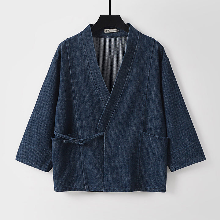 Unisex Jeans-Kimono-Jacke mit Bindegürtel und aufgesetzten Taschen Echoarchiv