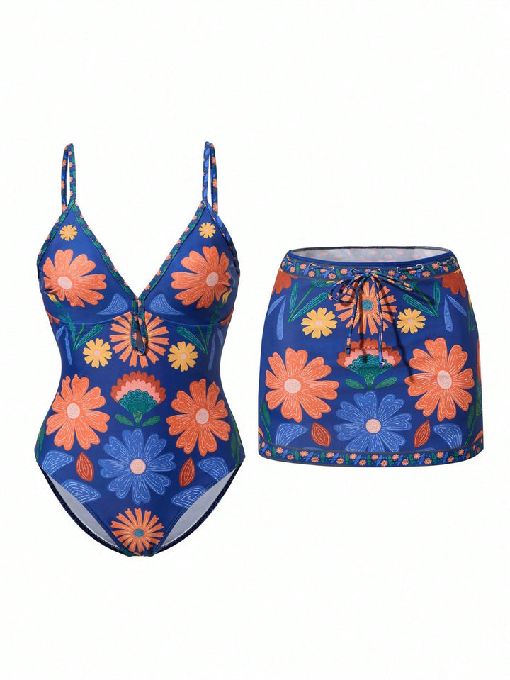 Damen Bikini-Set mit floralem Design und passendem Rock Echo Archiv