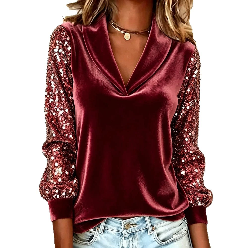 Damen Elegante Samtbluse mit Schalkragen, Paillettenärmeln und Ballonärmeln – Élovi