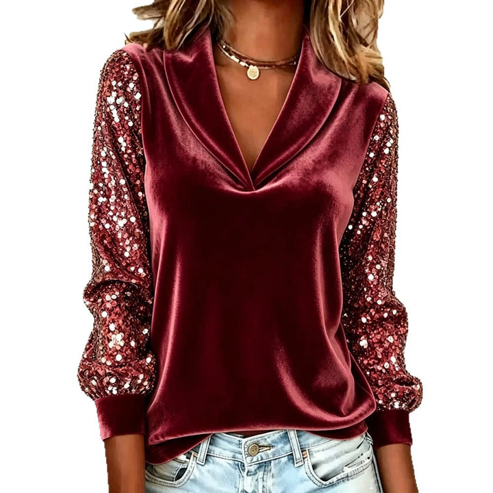 Damen Elegante Samtbluse mit Schalkragen, Paillettenärmeln und Ballonärmeln – Élovi