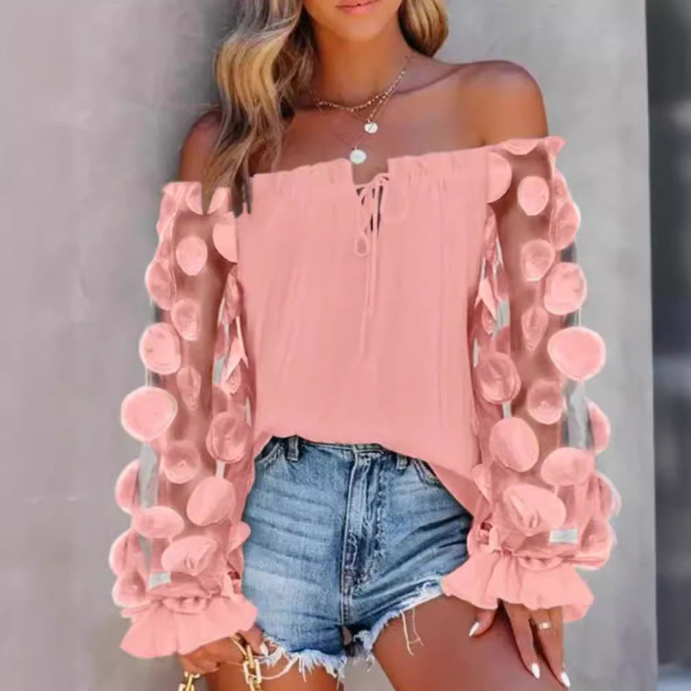 Damen nan schulterfreies Carmen-Top mit transparenten Organza-Ärmeln, kreisförmigen Applikationen und Volantmanschetten Echo Archiv