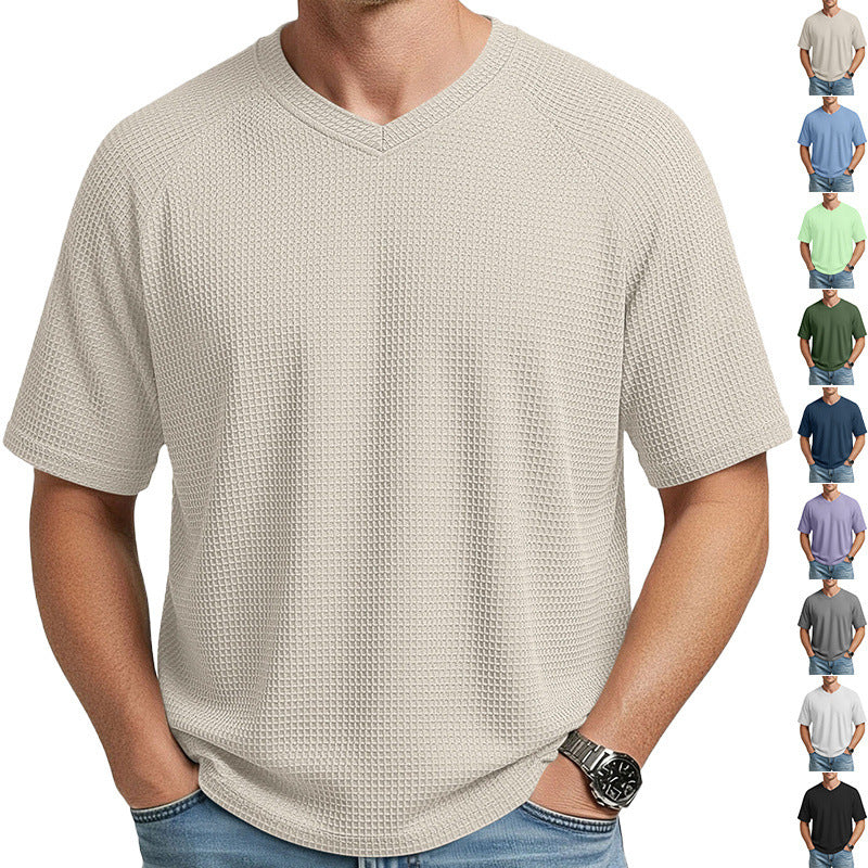 Herren nan lässiges V-Ausschnitt Waffelstrick-T-Shirt aus atmungsaktivem Baumwollmix Echo Archiv