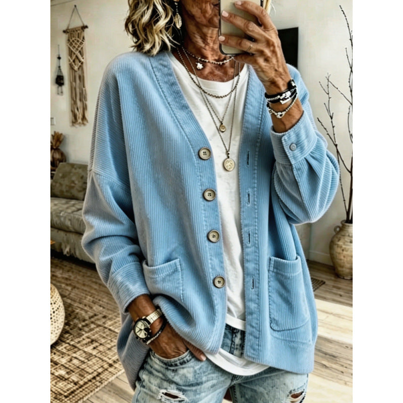 Damen Oversized Cord-Cardigan mit aufgesetzten Taschen und Holzknöpfen Echo Archiv