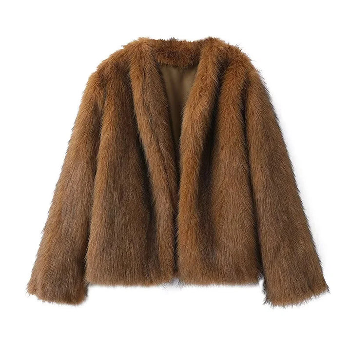 Damen luxuriöse Kurzjacke aus veganem Kunstfell mit offenem Schalkragen und leichter Taillierung – Célinea