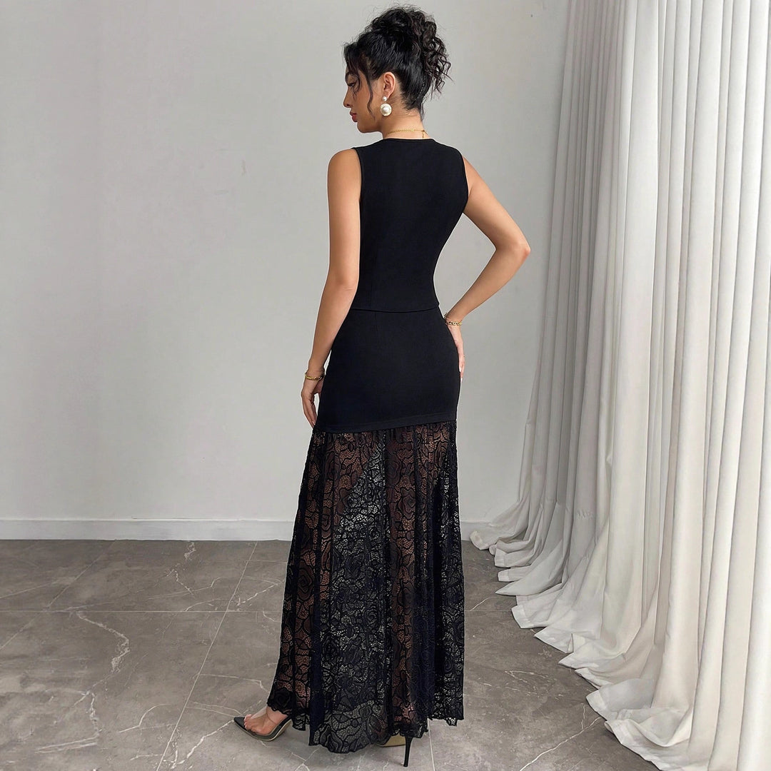 Damen nan zweiteiliges Abend-Set mit taillierter Weste und bodenlangem Spitzen-Overlay-Rock Echo Archiv