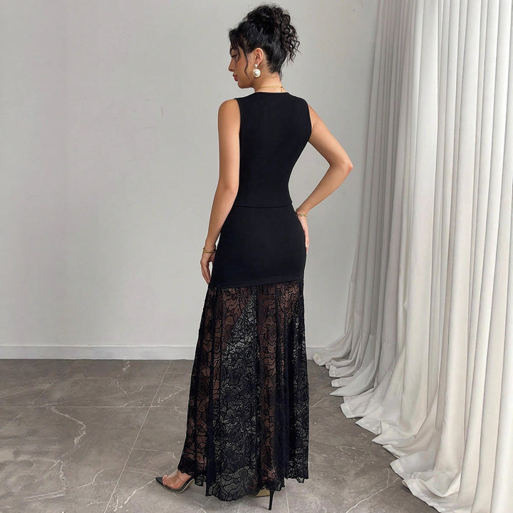 Damen nan zweiteiliges Abend-Set mit taillierter Weste und bodenlangem Spitzen-Overlay-Rock Echo Archiv