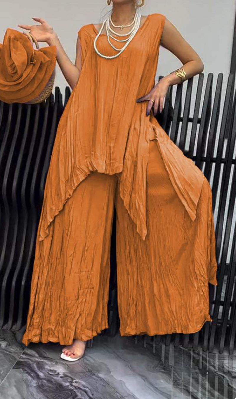 Damen nan luftiger Knitteroptik-Zweiteiler mit ärmelloser Tunika und weiter Palazzo-Hose Echo Archiv
