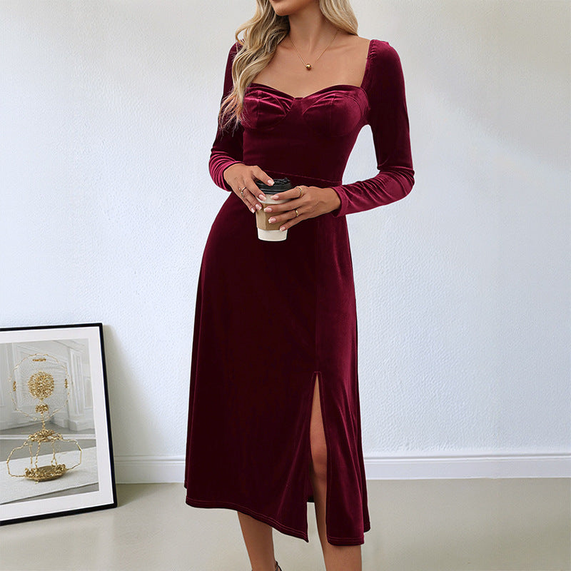Damen Samt-Midikleid mit herzförmigem Ausschnitt, taillierter Silhouette und Langarm Echoarchiv