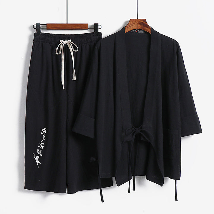 Unisex Leichtes Kimono-Loungewear-Set aus Baumwoll-Leinen mit bestickter Haremshose und Bindegürtel Echoarchiv