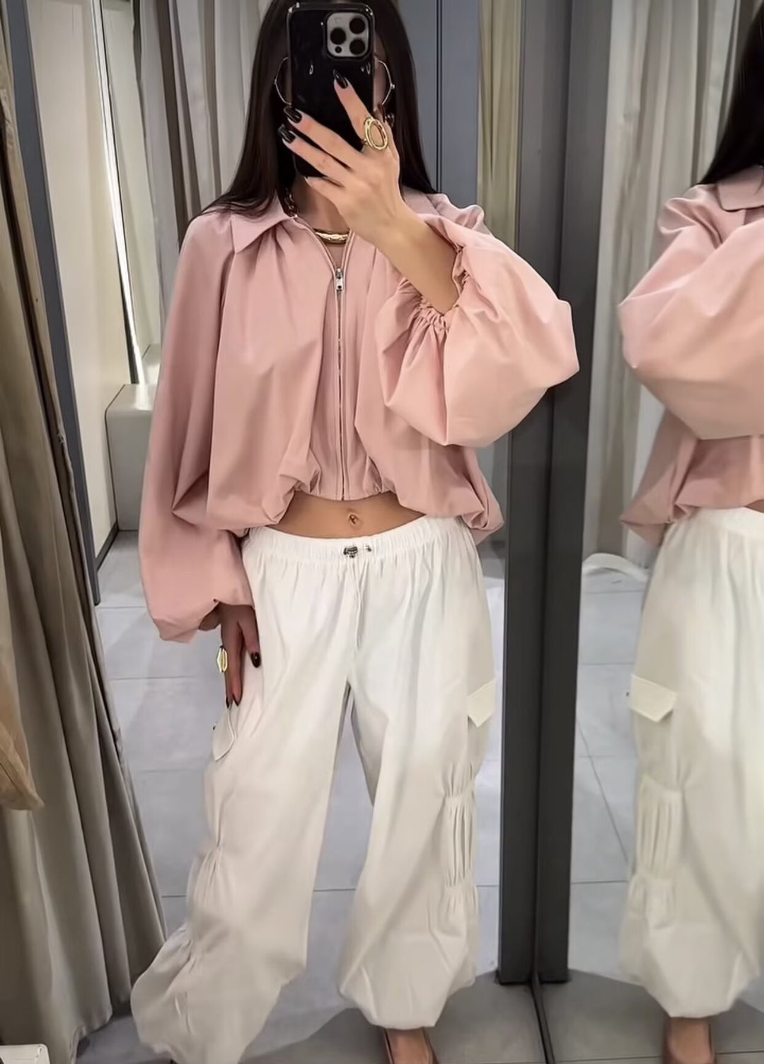 Damen Cropped-Blusenjacke mit Hemdkragen, geraffter Passe und weitem Volumenärmel Echoarchiv