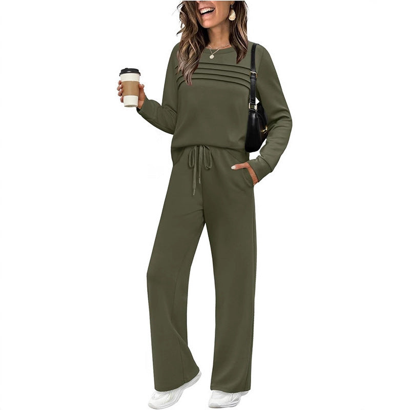 Damen Zweiteiliges Lounge-Set mit Plissee-Detail, Rundhals-Sweatshirt und weitem Kordel-Hose – Élanora