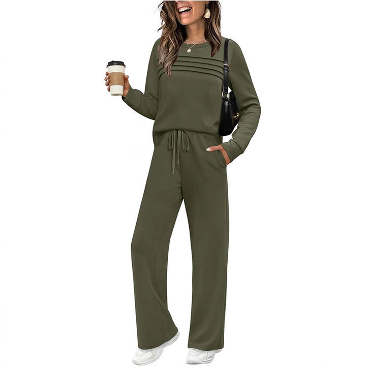 Damen Zweiteiliges Lounge-Set mit Plissee-Detail, Rundhals-Sweatshirt und weitem Kordel-Hose – Élanora