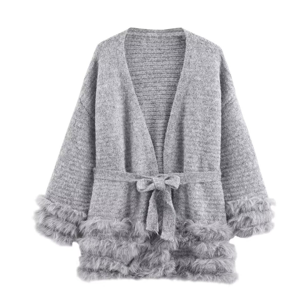 Damen Strick-Cardigan mit Bindegürtel und Faux-Fur-Besatz Echo Archiv