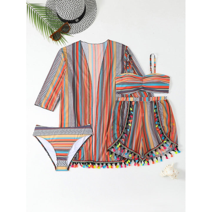 Damen Badeset mit fransengeschmückter Shorts und leichtem Kimono Echo Archiv