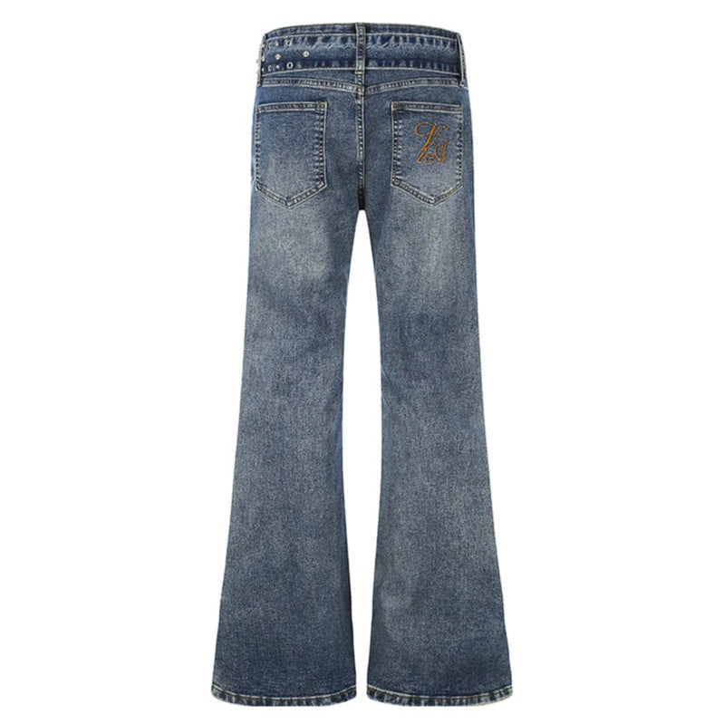 Damen High-Waist Flared-Denimjeans mit Nietenbesatz, weitem Schlag und Ziergürtel Echoarchiv