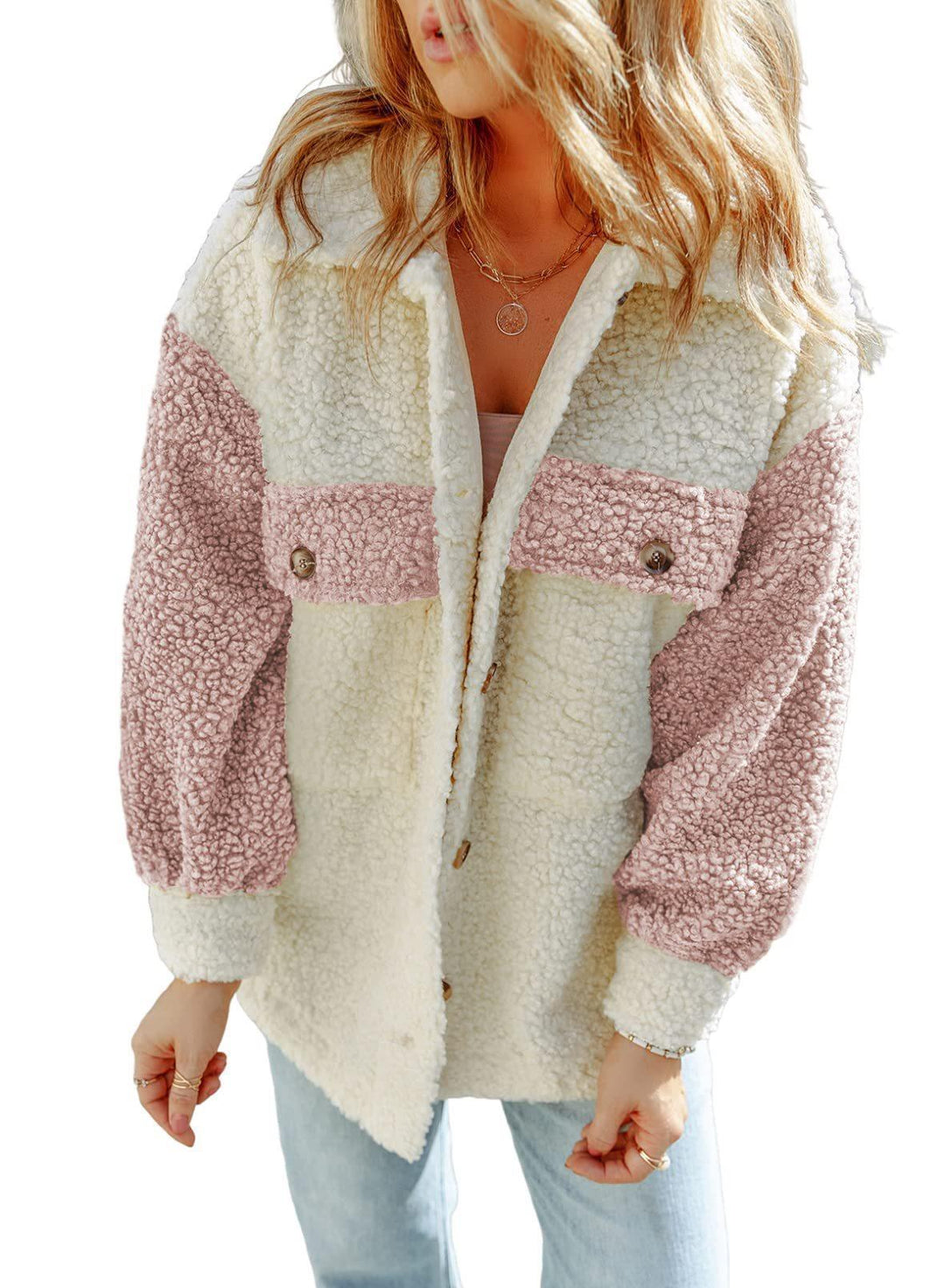 Damen nan oversized Teddy-Hemdjacke mit Kontraststreifen, aufgesetzten Brusttaschen und sichtbarer Knopfleiste Echo Archiv