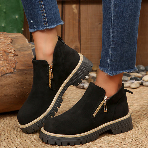 Damen Kurzschaft-Stiefelette aus Veloursoptik mit robust profilierter Sohle und seitlichem Reißverschluss – Varelle