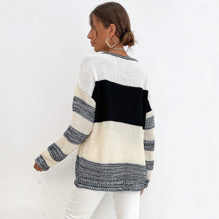 Damen Oversize Strickpullover mit grobem Rippstrick, Blockstreifen und weitem Rundhalsausschnitt Echoarchiv