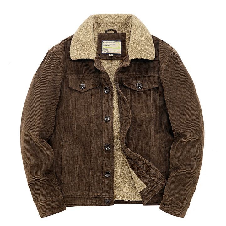 Herren Kord-Workerjacke mit durchgehendem Teddyfutter, Hemdkragen und Brusttasche Echoarchiv