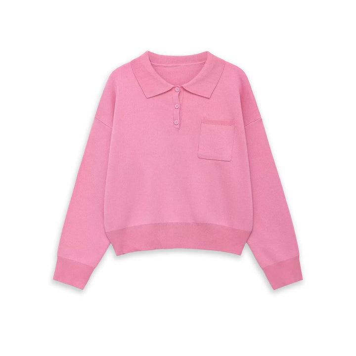Damen Strick-Polo-Pullover mit Knopfleiste, Brusttasche und überschnittener Schulter Echo Archiv