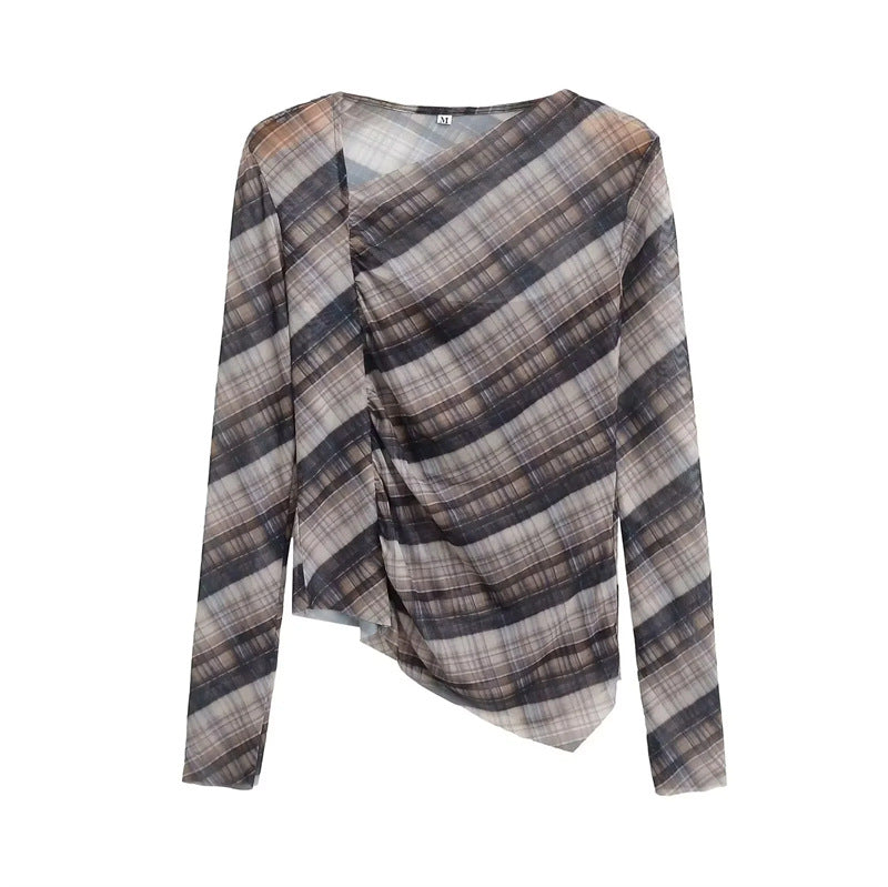 Damen nan transparentes asymmetrisches Karomuster Longsleeve Echo Archiv