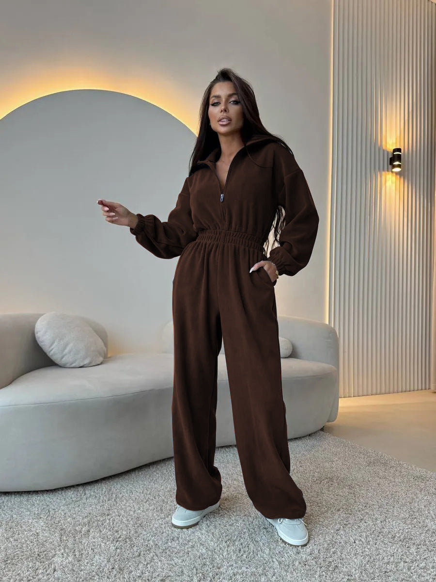 Damen Oversized Loungewear-Jumpsuit mit halbem Reißverschluss und elastischer Taillenraffung – Solévia