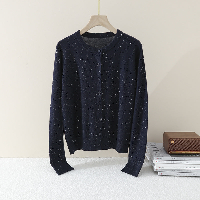 Damen Feiner Rundhals-Cardigan aus leichtem Feinstrick mit Perlmuttknopfleiste und dezentem Glitzereffekt Echo Archiv
