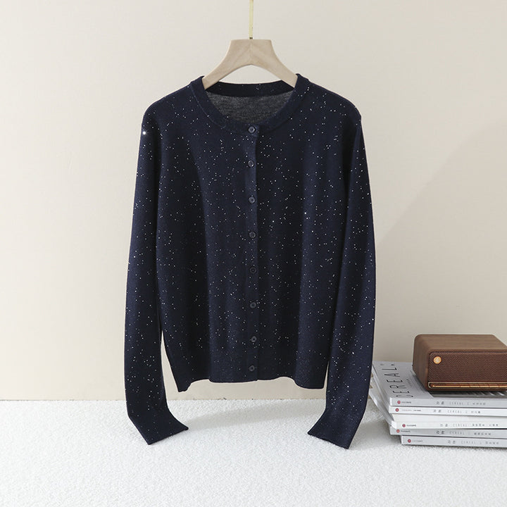 Damen Feiner Rundhals-Cardigan aus leichtem Feinstrick mit Perlmuttknopfleiste und dezentem Glitzereffekt Echo Archiv