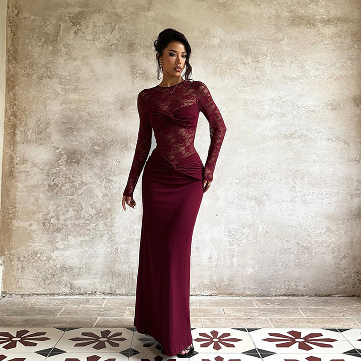 Damen elegantes Langarmkleid mit Spitzenoberteil und figurbetontem Schnitt Echo Archiv