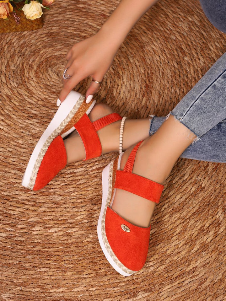 Damen  Espadrille-Keilpantoletten mit elastischem Fersenriemen, Veloursoptik-Obermaterial und geflochtenem Jute-Plateau Echo Archiv