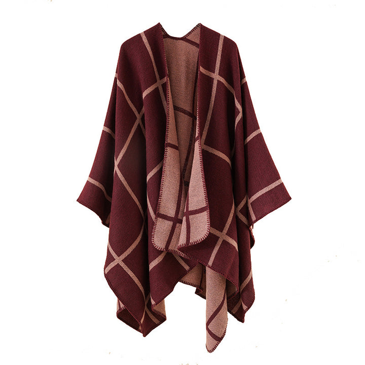 Damen Offener Wollmix-Poncho im Cape‑Stil mit dezentem Karomuster – Avérine