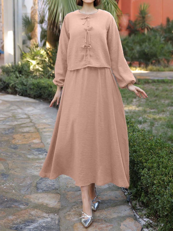 Damen Langes Zweiteiliges Maxikleid mit Überwurf, Rundhals und Zierknoten – Valéora