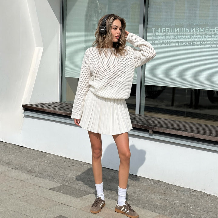 Damen oversized Netzstrickpullover mit plissiertem Minirock-Set – Élanora