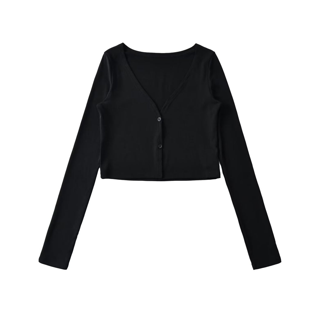 Damen Cropped Jersey-Cardigan mit tiefem V-Ausschnitt und schmaler Knopfleiste Echoarchiv