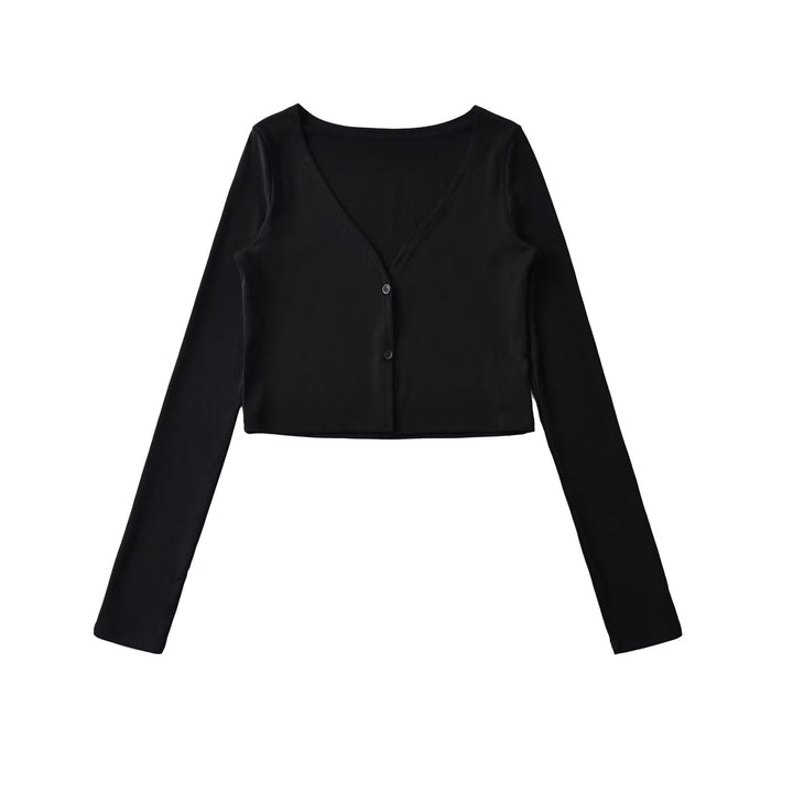 Damen Cropped Jersey-Cardigan mit tiefem V-Ausschnitt und schmaler Knopfleiste Echoarchiv