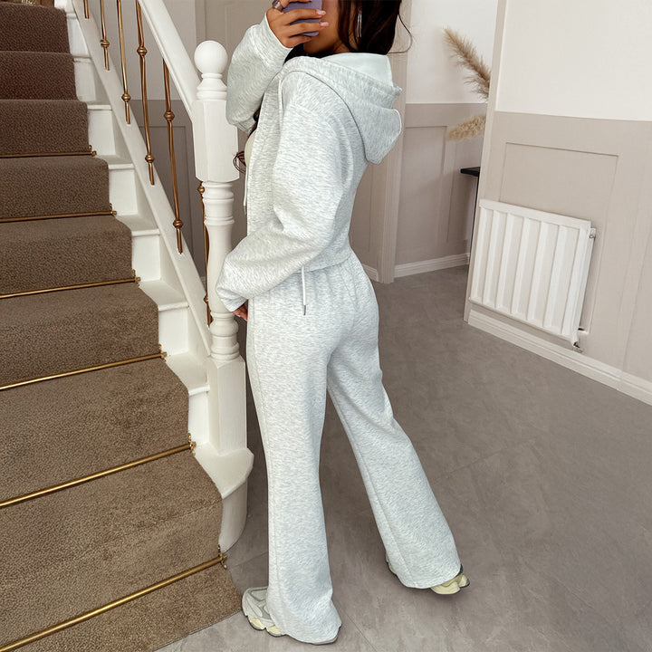 Damen kurzgeschnittenes Kapuzen-Sweatset mit Reißverschluss und hochtaillierter Schlaghose – Auréline