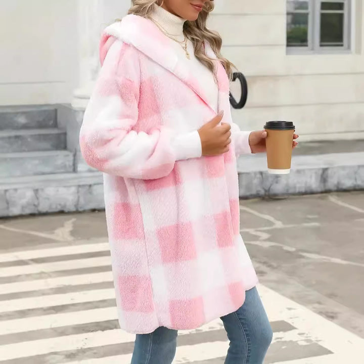 Damen Oversize Karierter Teddy-Mantel mit Kapuze und Eingrifftaschen Echo Archiv