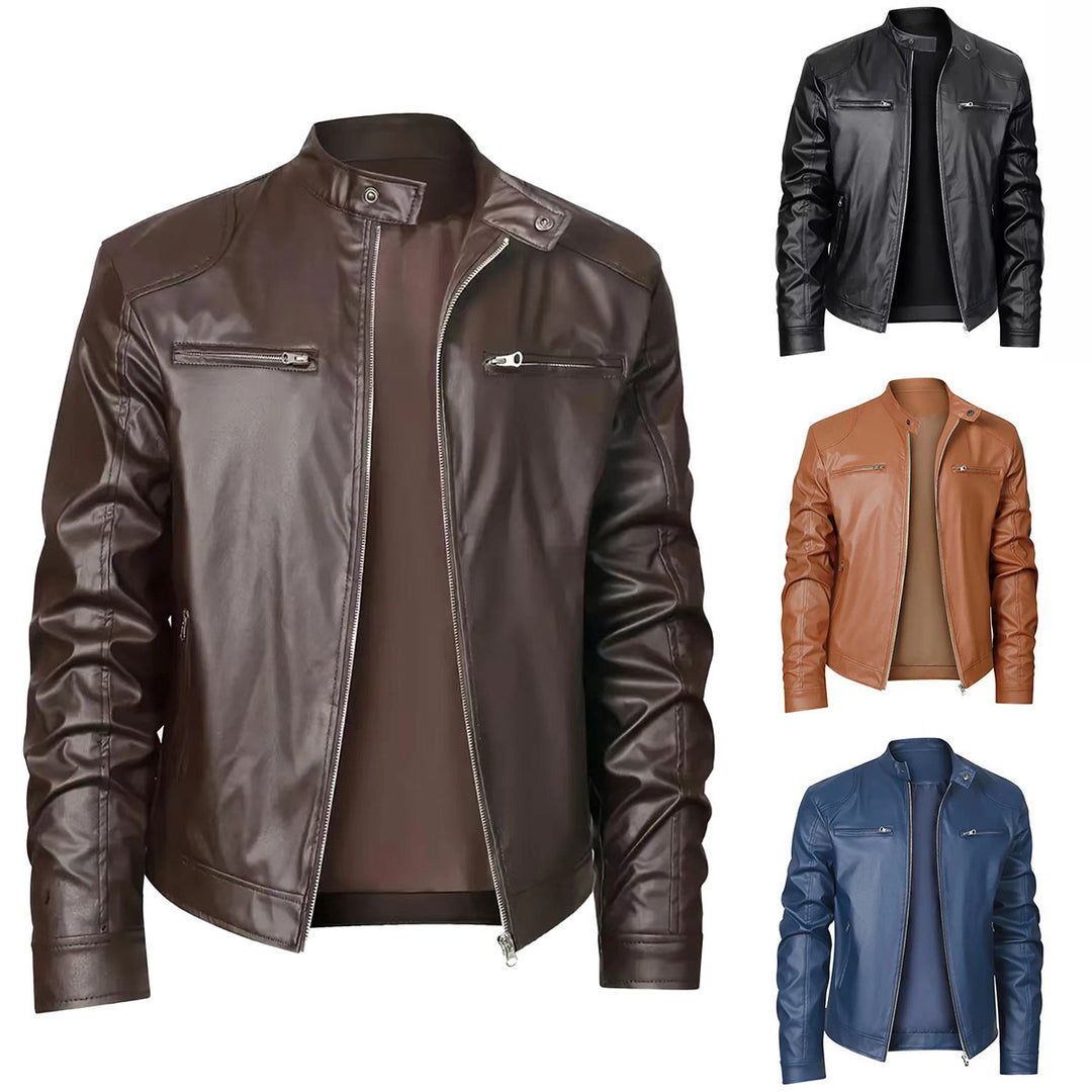 Herren nan schlanke Kunstleder-Bikerjacke mit Stehkragen, durchgehendem Reißverschluss und zwei Brusttaschen Echo Archiv
